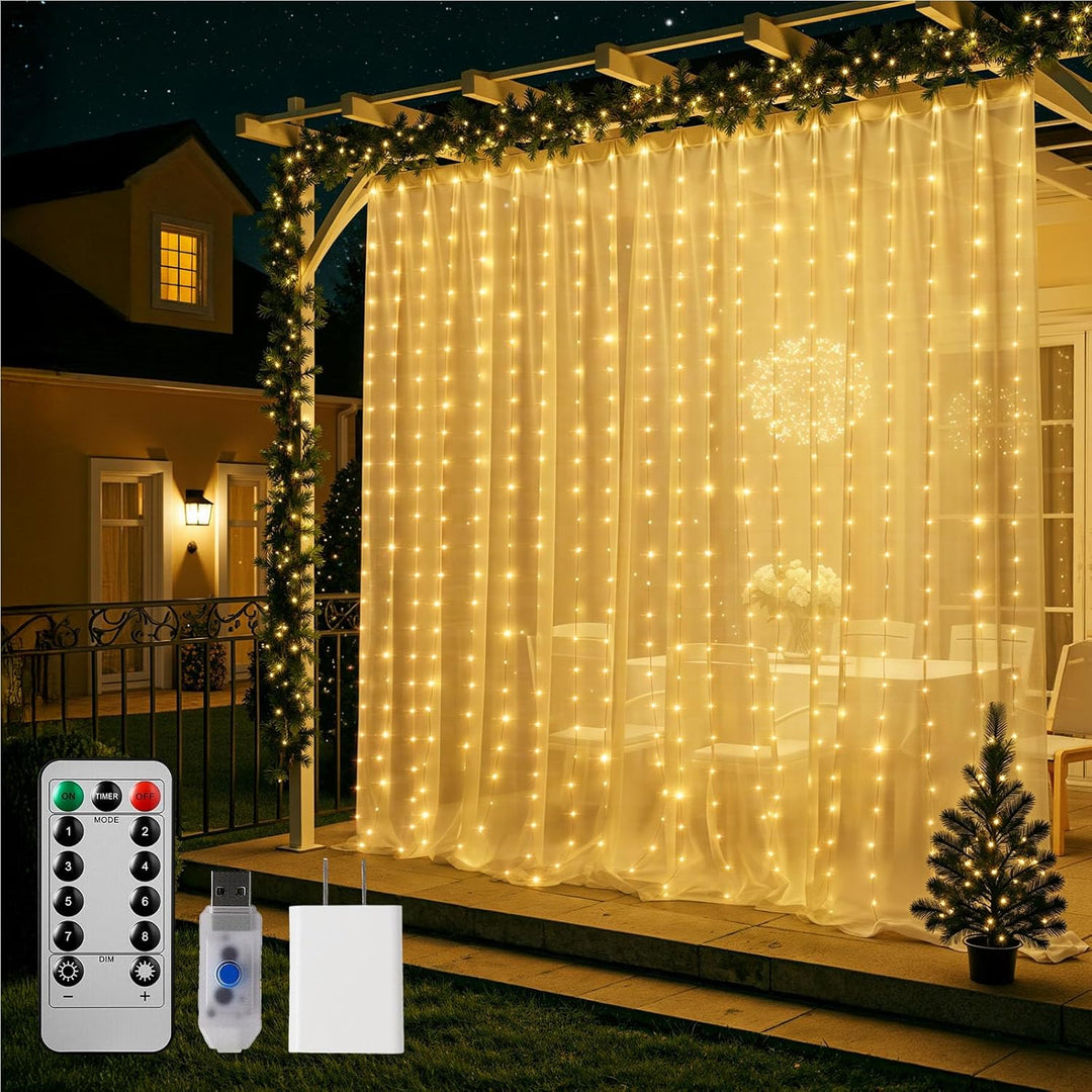 Hanging Window Curtain Lights 9.8 Ft Dimmable & Connectable with 300 LED, Remote, 8 Lighting Modes, Timer for Bedroom Wall Party Indoor Outdoor Decor, Warm White (Curtain is Not Included) - Just Closeouts Canada Inc.X004DUZ2HF
