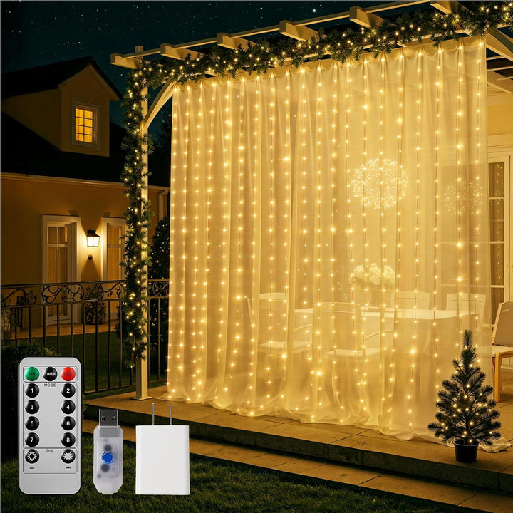 Hanging Window Curtain Lights 9.8 Ft Dimmable & Connectable with 300 LED, Remote, 8 Lighting Modes, Timer for Bedroom Wall Party Indoor Outdoor Decor, Warm White (Curtain is Not Included) - Just Closeouts Canada Inc.X004DUZ2HF