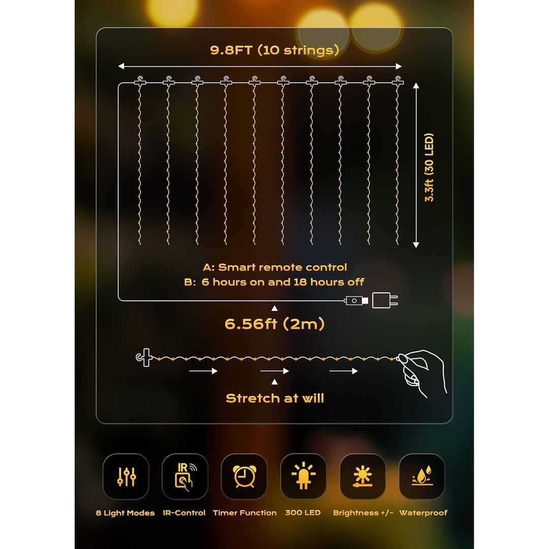 Hanging Window Curtain Lights 9.8 Ft Dimmable & Connectable with 300 LED, Remote, 8 Lighting Modes, Timer for Bedroom Wall Party Indoor Outdoor Decor, Warm White (Curtain is Not Included) - Just Closeouts Canada Inc.X004DUZ2HF