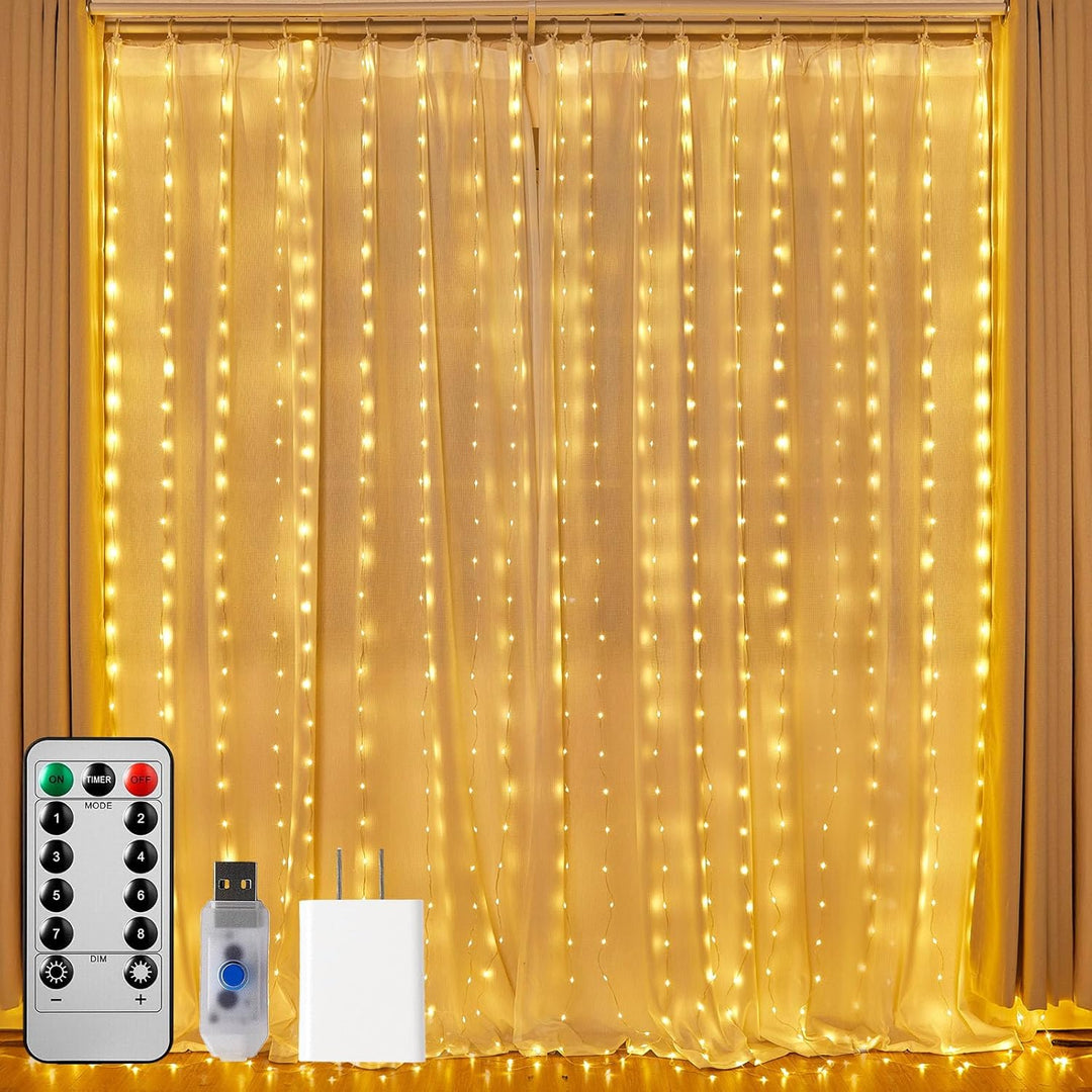 Hanging Window Curtain Lights 9.8 Ft Dimmable & Connectable with 300 LED, Remote, 8 Lighting Modes, Timer for Bedroom Wall Party Indoor Outdoor Decor, Warm White (Curtain is Not Included) - Just Closeouts Canada Inc.X004DUZ2HF