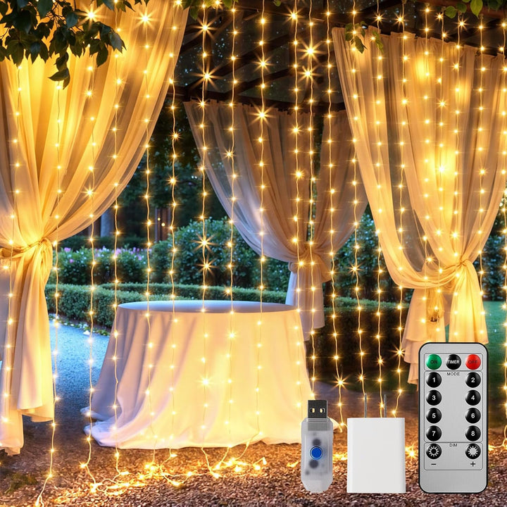 Hanging Window Curtain Lights 9.8 Ft Dimmable & Connectable with 300 LED, Remote, 8 Lighting Modes, Timer for Bedroom Wall Party Indoor Outdoor Decor, Warm White (Curtain is Not Included) - Just Closeouts Canada Inc.X004DUZ2HF