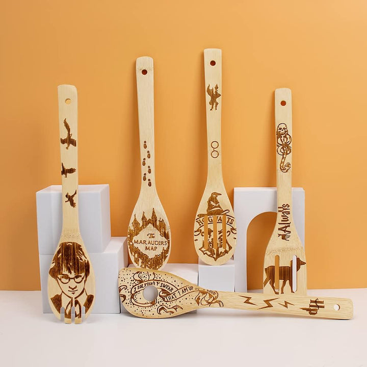 Harry Potter Gifts - 5 Piece Wooden Utensils for Cooking,Harry Potter Kitchen Accessories,Bamboo Wooden Spoon for Harry Potter Decor,Gifts for Father Mother Friends - Just Closeouts Canada Inc.X003K266G3