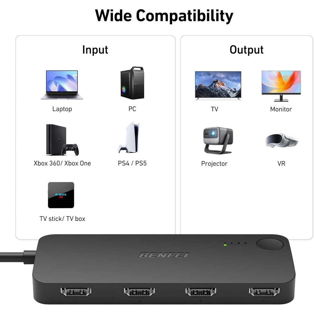 HDMI Switch 4 in 1 Out 4K@60Hz, 2K@144Hz, HDCP 2.3 【with Adaptive Equalization Support 10M HDMI Transmit】 Compatible for PS5/4, Xbox, Roku, FireStick, Switch - Just Closeouts Canada Inc.
