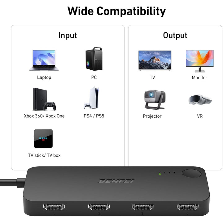HDMI Switch 4 in 1 Out 4K@60Hz, 2K@144Hz, HDCP 2.3 【with Adaptive Equalization Support 10M HDMI Transmit】 Compatible for PS5/4, Xbox, Roku, FireStick, Switch - Just Closeouts Canada Inc.