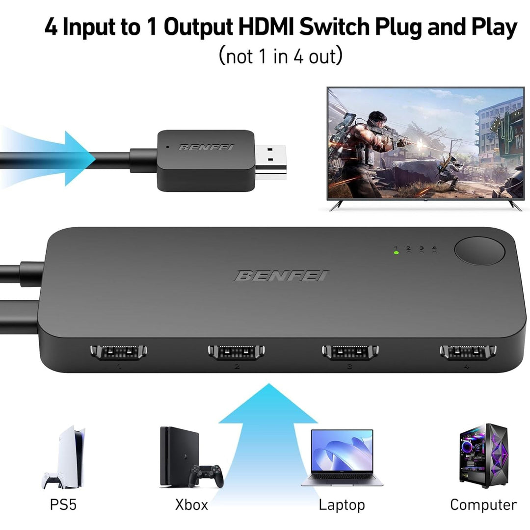 HDMI Switch 4 in 1 Out 4K@60Hz, 2K@144Hz, HDCP 2.3 【with Adaptive Equalization Support 10M HDMI Transmit】 Compatible for PS5/4, Xbox, Roku, FireStick, Switch - Just Closeouts Canada Inc.