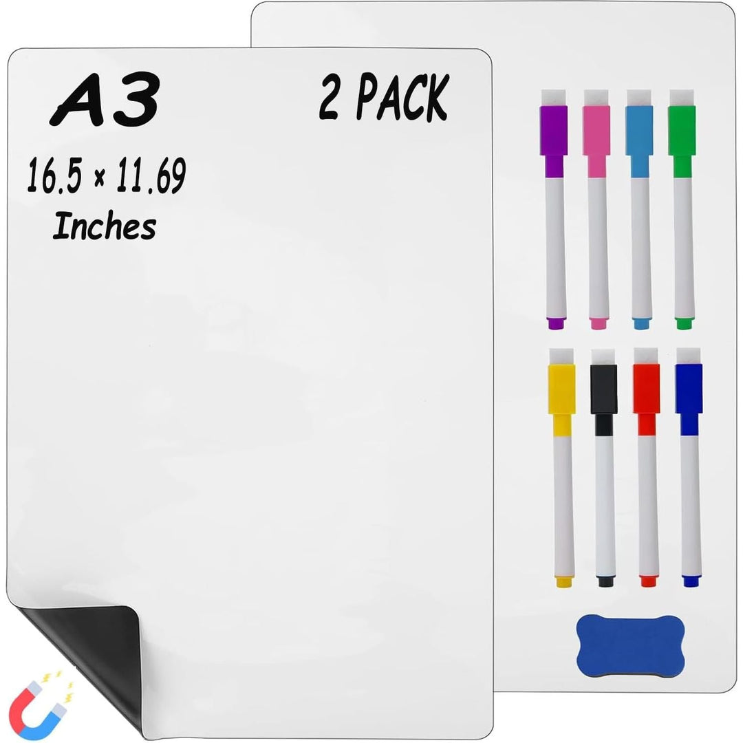Hiziwimi 2Pcs 16x11 Inch Magnetic Dry Erase Whiteboard for Fridge, Small Refrigerator White Board for Reminder Sticker Monthly Planner Grocery List,8 Pens,1 Eraser - Just Closeouts Canada Inc.