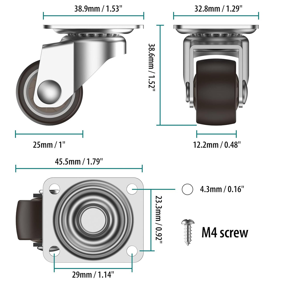 HOLKIE 1 inch Small Caster Wheels for Furniture Low Profile Casters Set of 4 Total Capacity 90 Lbs Perfect Wheels for Small Project、Nightstand、Side Table (No Brake) - Just Closeouts Canada Inc.