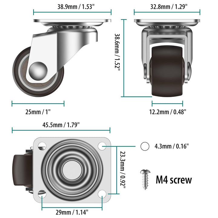HOLKIE 1 inch Small Caster Wheels for Furniture Low Profile Casters Set of 4 Total Capacity 90 Lbs Perfect Wheels for Small Project、Nightstand、Side Table (No Brake) - Just Closeouts Canada Inc.