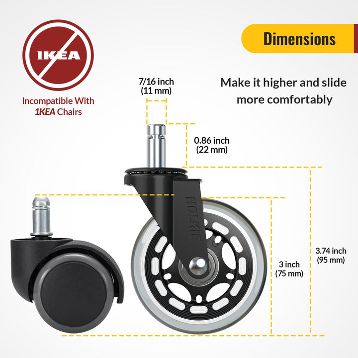 HOLKIE Office Chair Wheels 11x22mm 3 Inch Desk Roller Blade Caster Replacement for Office, Rubber Rollerblade Wheels - Set of 5 for Hardwood Floors Gaming Chair Wheels Smooth & Silence Gliding - Just Closeouts Canada Inc.