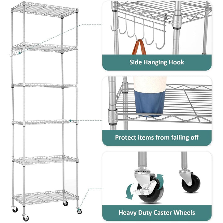 Homdox 6 - Tier Storage Shelf Wire Shelving Unit Free Standing Rack Organization with Caster Wheels, Stainless Side Hooks, Silver Gray - Just Closeouts Canada Inc.