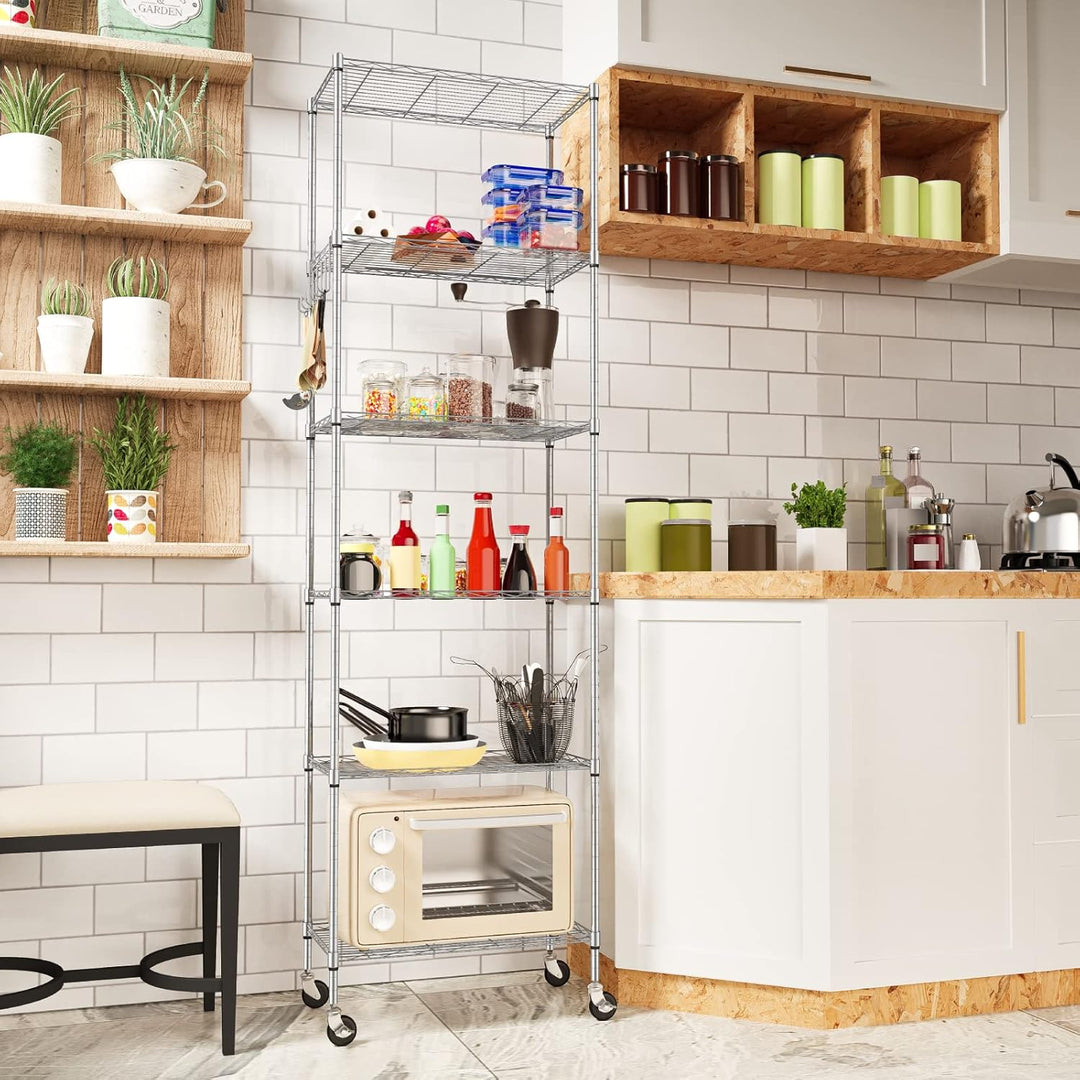 Homdox 6 - Tier Storage Shelf Wire Shelving Unit Free Standing Rack Organization with Caster Wheels, Stainless Side Hooks, Silver Gray - Just Closeouts Canada Inc.