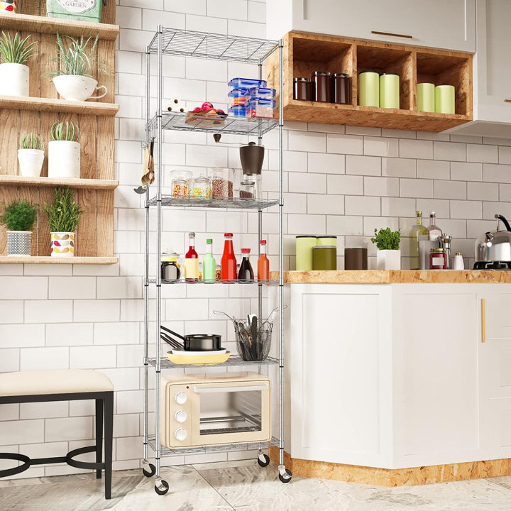 Homdox 6 - Tier Storage Shelf Wire Shelving Unit Free Standing Rack Organization with Caster Wheels, Stainless Side Hooks, Silver Gray - Just Closeouts Canada Inc.