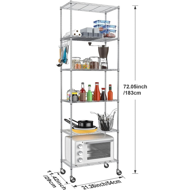 Homdox 6 - Tier Storage Shelf Wire Shelving Unit Free Standing Rack Organization with Caster Wheels, Stainless Side Hooks, Silver Gray - Just Closeouts Canada Inc.