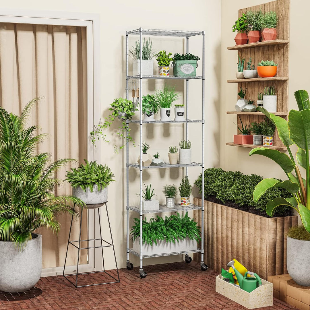 Homdox 6 - Tier Storage Shelf Wire Shelving Unit Free Standing Rack Organization with Caster Wheels, Stainless Side Hooks, Silver Gray - Just Closeouts Canada Inc.