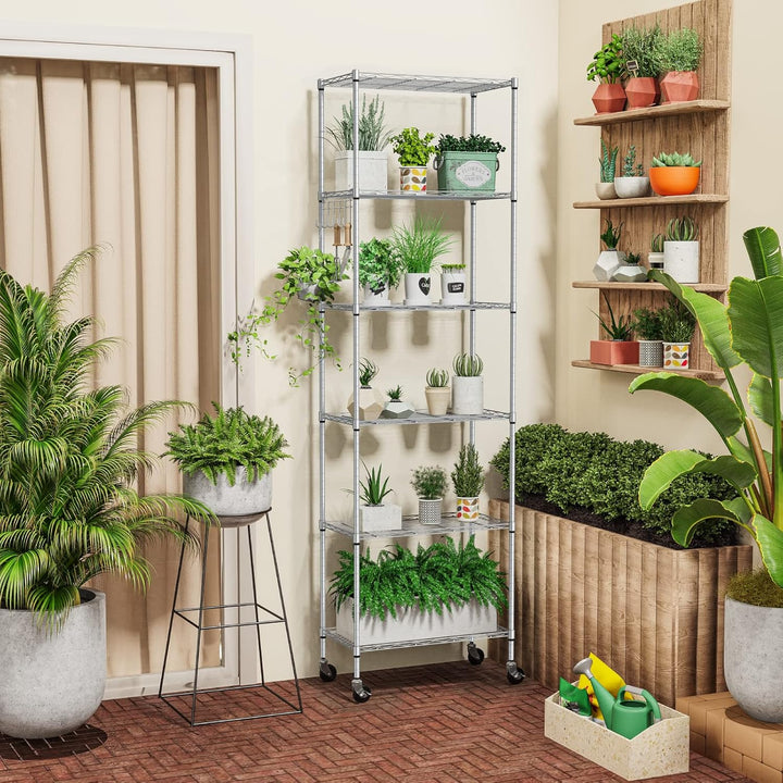 Homdox 6 - Tier Storage Shelf Wire Shelving Unit Free Standing Rack Organization with Caster Wheels, Stainless Side Hooks, Silver Gray - Just Closeouts Canada Inc.
