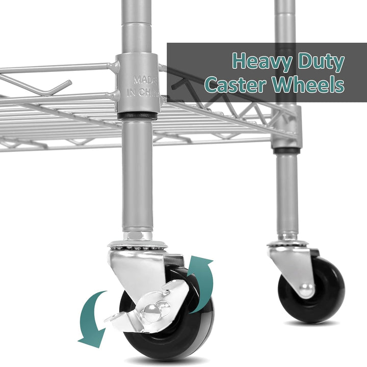 Homdox 6 - Tier Storage Shelf Wire Shelving Unit Free Standing Rack Organization with Caster Wheels, Stainless Side Hooks, Silver Gray - Just Closeouts Canada Inc.