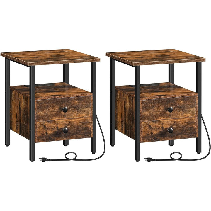 Hoobro Set of 2 End Table with Charging Station, Bedside Table with 2 Drawers, USB Ports & Power Outlets, Rustic Brown - Just Closeouts Canada Inc.