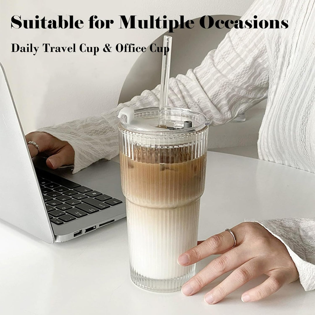 Hosck 2 Pack Glass Cups, 600ML Clear Glass Tumbler with Lid & Straw, Iced Coffee Cup with Lids, Clear Matcha Cup, Drinking Glasses for Coffee, Juice, Tea, Matcha, Cocktail - Just Closeouts Canada Inc.