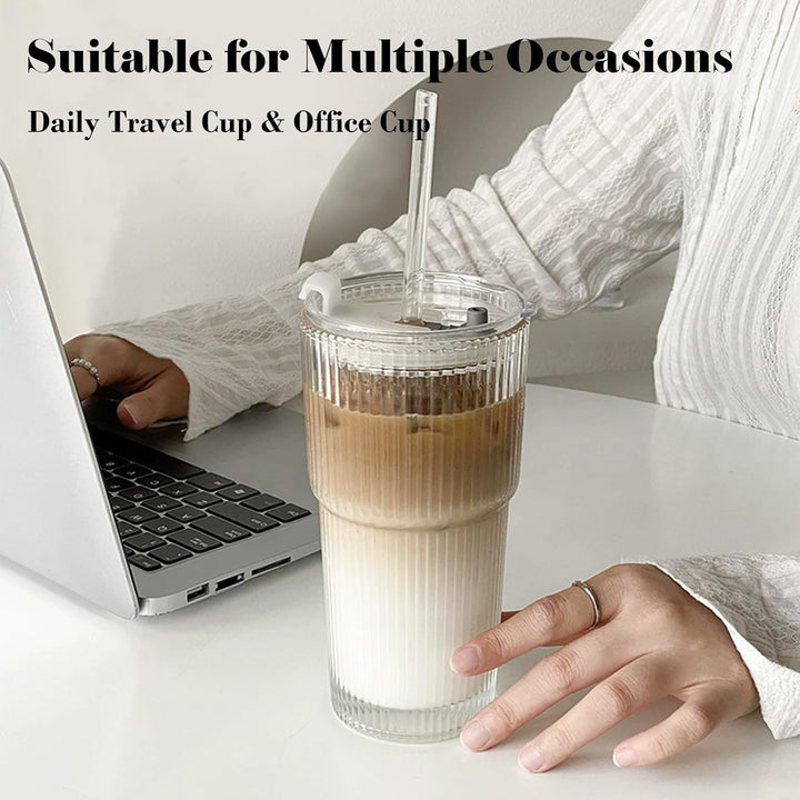 Hosck 2 Pack Glass Cups, 600ML Clear Glass Tumbler with Lid & Straw, Iced Coffee Cup with Lids, Clear Matcha Cup, Drinking Glasses for Coffee, Juice, Tea, Matcha, Cocktail - Just Closeouts Canada Inc.