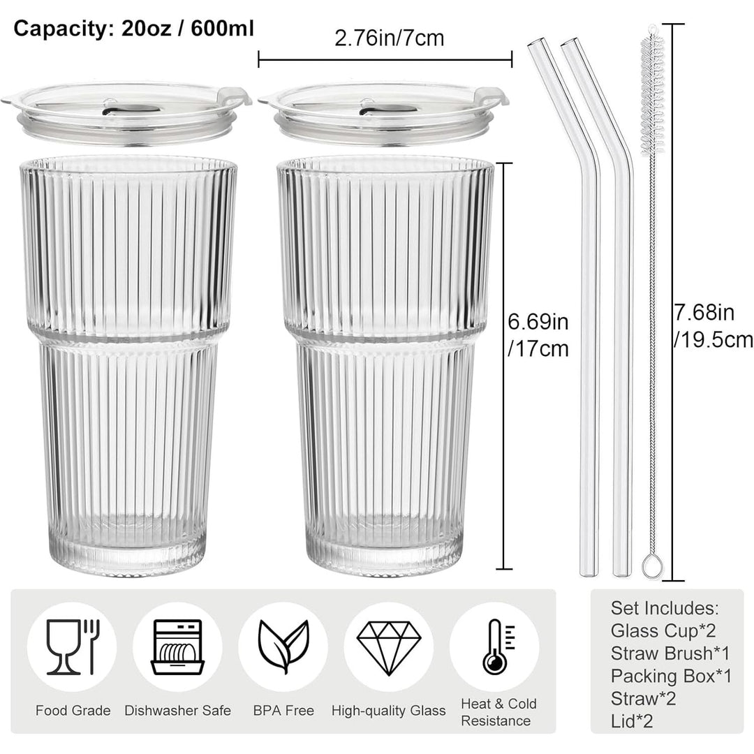 Hosck 2 Pack Glass Cups, 600ML Clear Glass Tumbler with Lid & Straw, Iced Coffee Cup with Lids, Clear Matcha Cup, Drinking Glasses for Coffee, Juice, Tea, Matcha, Cocktail - Just Closeouts Canada Inc.