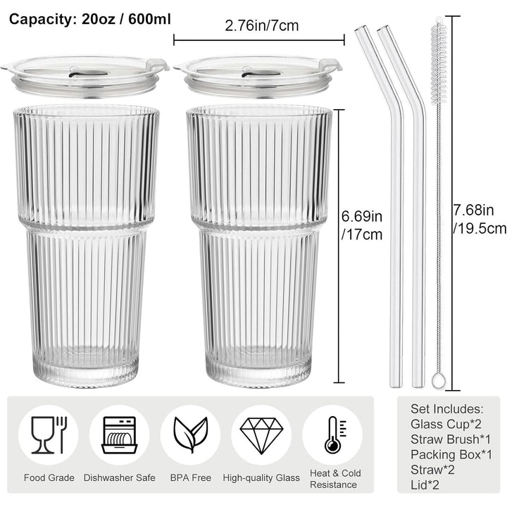 Hosck 2 Pack Glass Cups, 600ML Clear Glass Tumbler with Lid & Straw, Iced Coffee Cup with Lids, Clear Matcha Cup, Drinking Glasses for Coffee, Juice, Tea, Matcha, Cocktail - Just Closeouts Canada Inc.