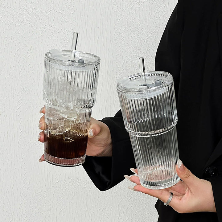 Hosck 2 Pack Glass Cups, 600ML Clear Glass Tumbler with Lid & Straw, Iced Coffee Cup with Lids, Clear Matcha Cup, Drinking Glasses for Coffee, Juice, Tea, Matcha, Cocktail - Just Closeouts Canada Inc.