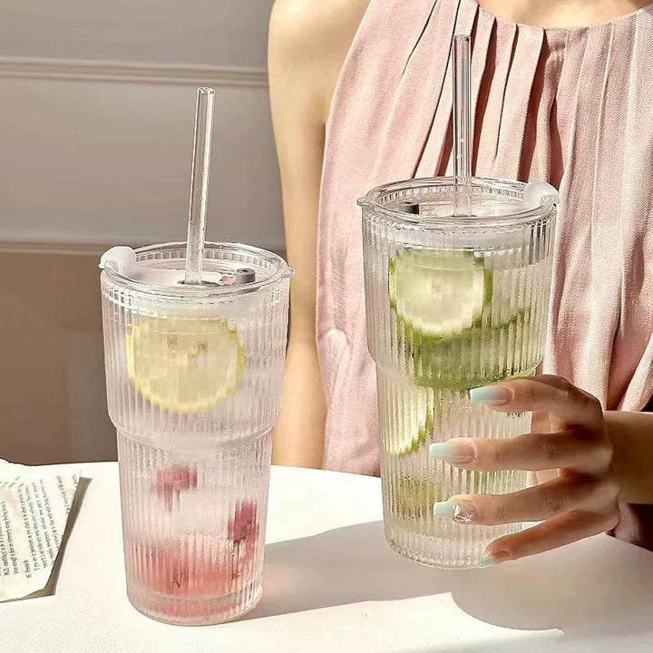 Hosck 2 Pack Glass Cups, 600ML Clear Glass Tumbler with Lid & Straw, Iced Coffee Cup with Lids, Clear Matcha Cup, Drinking Glasses for Coffee, Juice, Tea, Matcha, Cocktail - Just Closeouts Canada Inc.