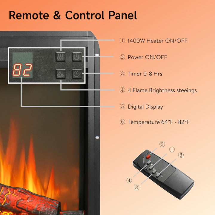Innoflame 23" Electric Fireplace Insert, Fireplace Heater with Remote, Adjustable 4 Flame Brightness, Log Set, Low Noise, 8H Timer, Overheating Protection, 1400W (22 15/16" X 19 11/16") - Just Closeouts Canada Inc.