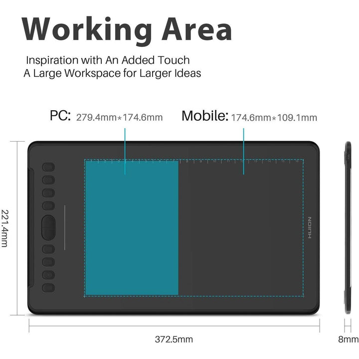 Inspiroy H1161 Graphics Drawing Tablets, Touch Strip and 8192 Pen Pressure Sketch Tablet with Battery - Free Stylus,10 Shortcut Keys, Compatible with Android, Windows, and Mac Black - Just Closeouts Canada Inc.