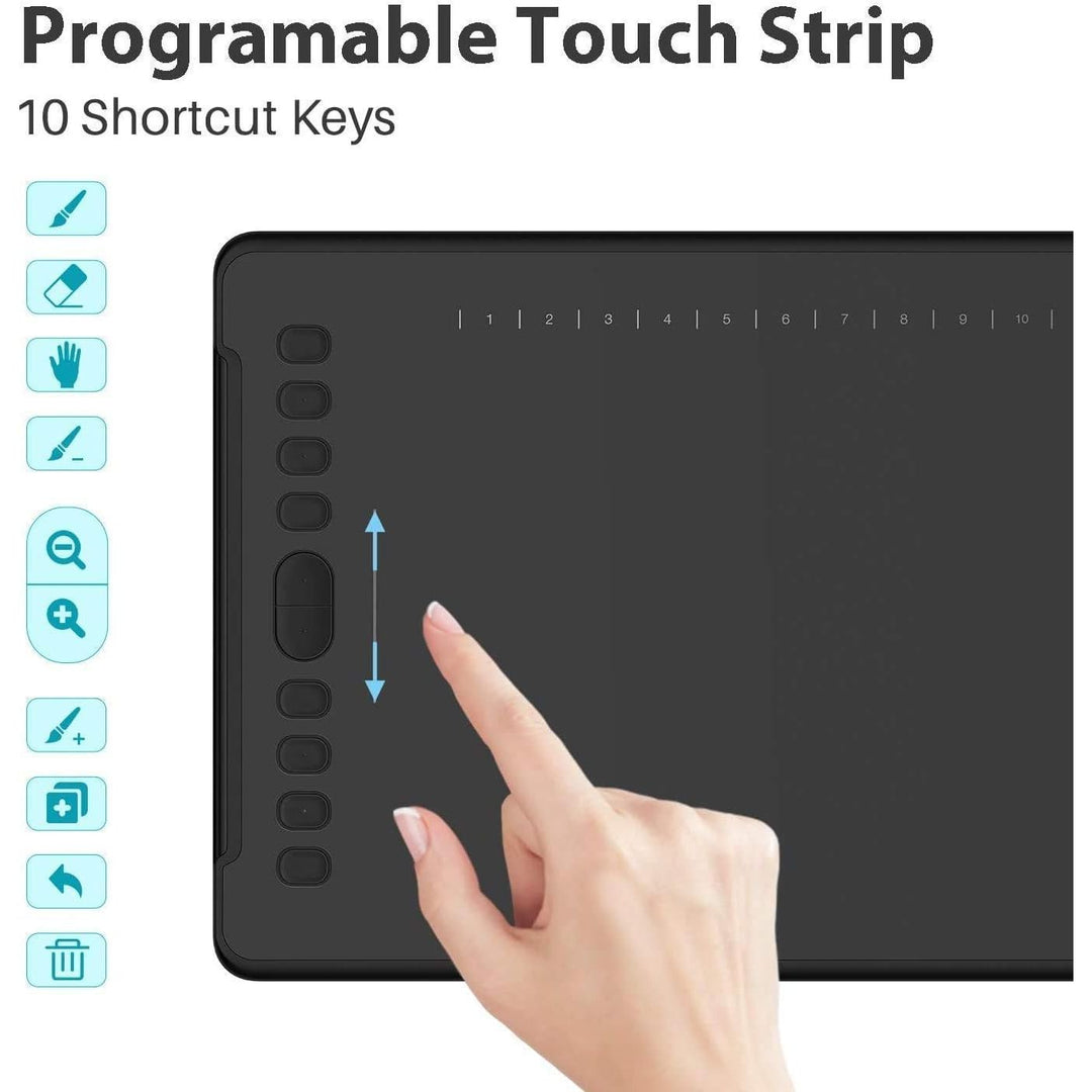 Inspiroy H1161 Graphics Drawing Tablets, Touch Strip and 8192 Pen Pressure Sketch Tablet with Battery - Free Stylus,10 Shortcut Keys, Compatible with Android, Windows, and Mac Black - Just Closeouts Canada Inc.
