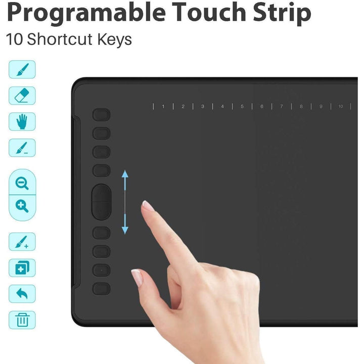 Inspiroy H1161 Graphics Drawing Tablets, Touch Strip and 8192 Pen Pressure Sketch Tablet with Battery - Free Stylus,10 Shortcut Keys, Compatible with Android, Windows, and Mac Black - Just Closeouts Canada Inc.