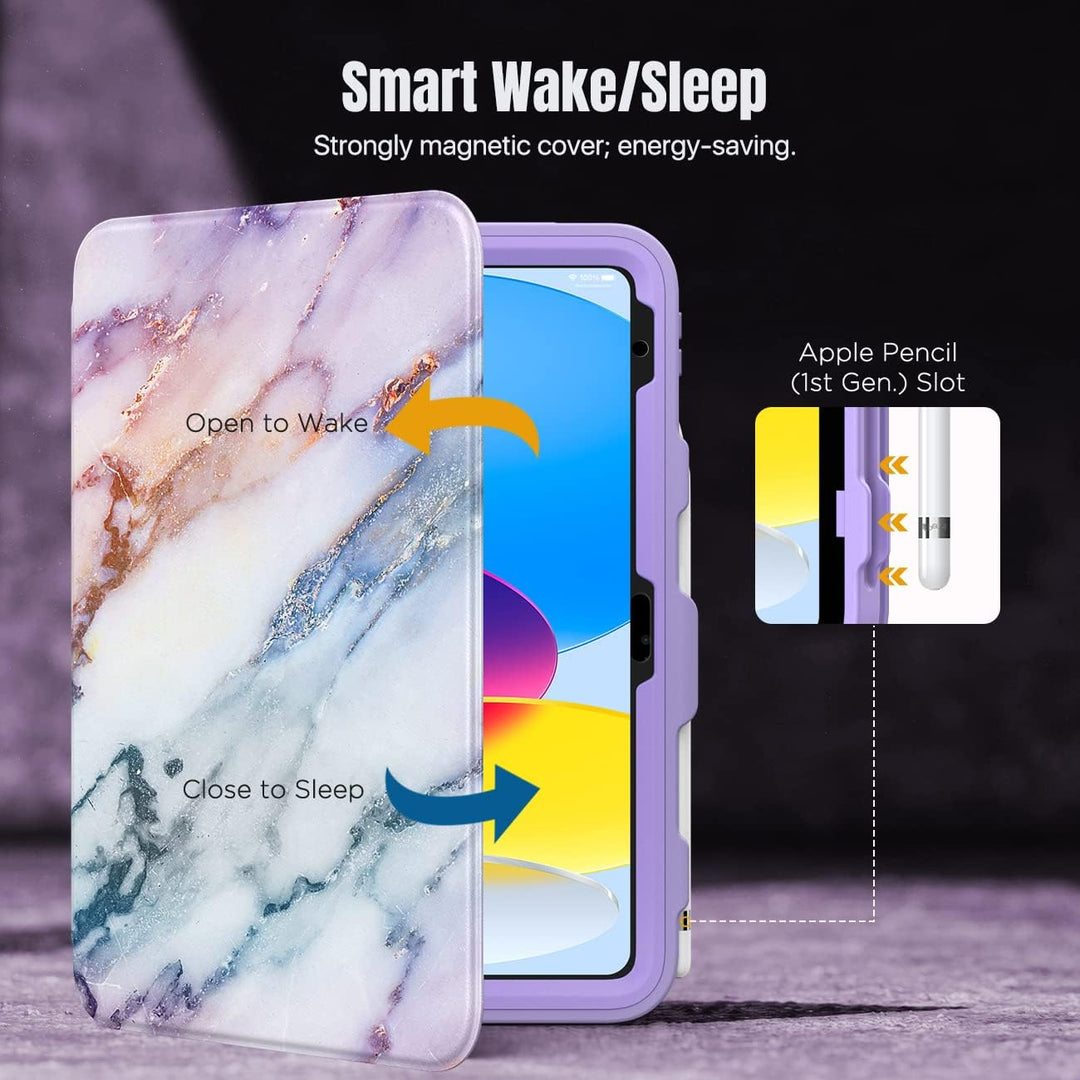iPad 11 - inch (A16) 11th Generation Case 2025/ iPad 10th Generation Case with Pencil Holder 2022 10.9 inch, Built - in Screen Protector Clear Back, Multi Angle Viewing Stand,Purple Marble - Just Closeouts Canada Inc.