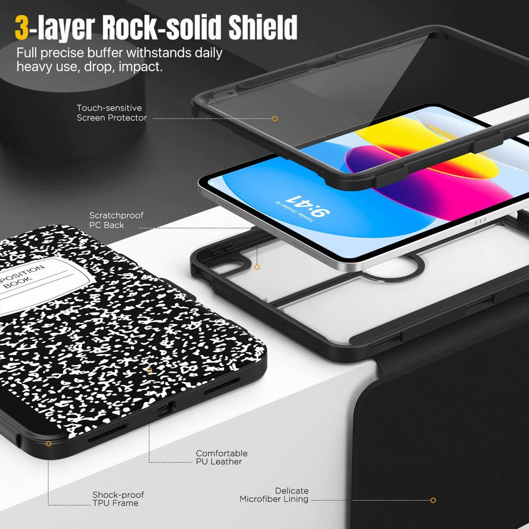 iPad 11 - inch (A16) 11th Generation Case 2025/ iPad 10th Generation Case with Pencil Holder 2022 10.9 inch, Built - in Screen Protector Clear Back, Multi Angle Viewing Stand, Notebook Black - Just Closeouts Canada Inc.