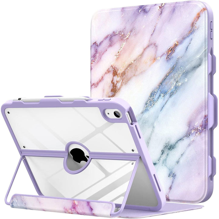 iPad 11 - inch (A16) 11th Generation Case 2025/ iPad 10th Generation Case with Pencil Holder 2022 10.9 inch, Built - in Screen Protector Clear Back, Multi Angle Viewing Stand,Purple Marble - Just Closeouts Canada Inc.