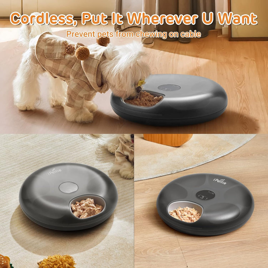 iPettie Donuts Frost 6 Meal Cordless Automatic Pet Feeder, Dry & Wet Food Automatic Cat Feeder with Two Ice Packs, Rechargeable Massive Battery, Programmable Timer, Holds 6 x ½ lb. of Food - Just Closeouts Canada Inc.