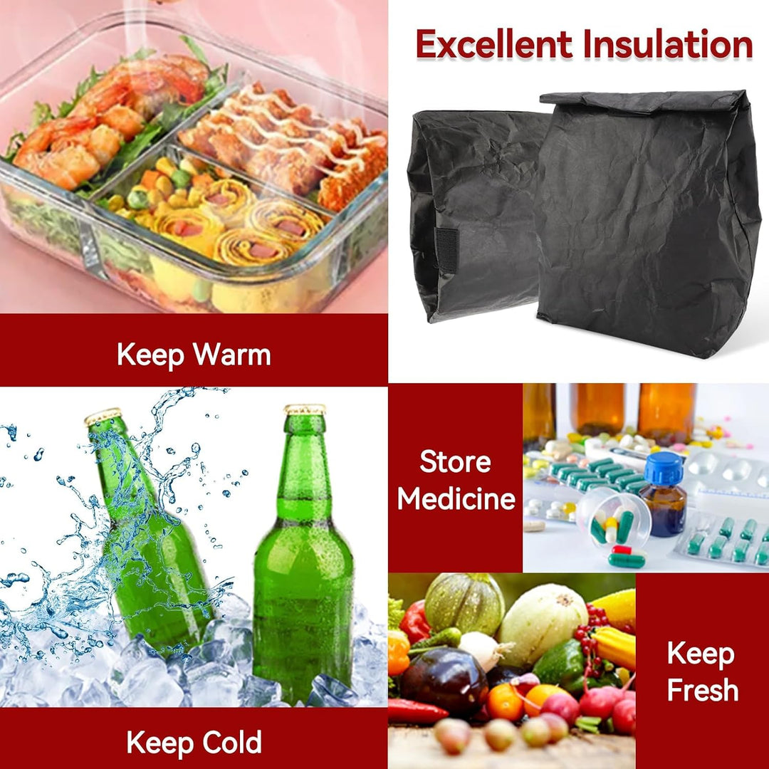 Black lunch bag shown with foods that can be carried