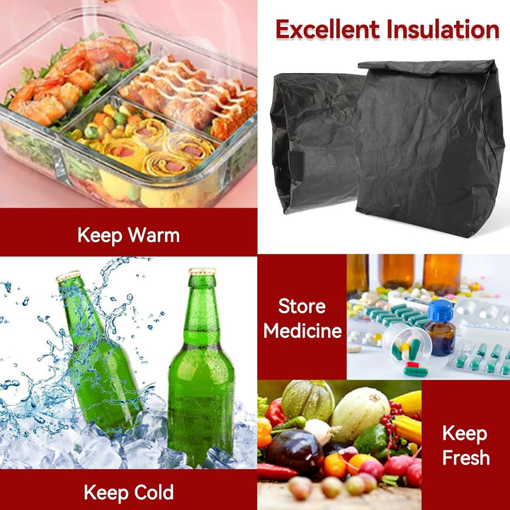Black lunch bag shown with foods that can be carried