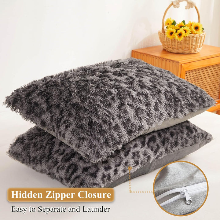 Light grey cheetah-print faux fur king pillowcase set, view 3