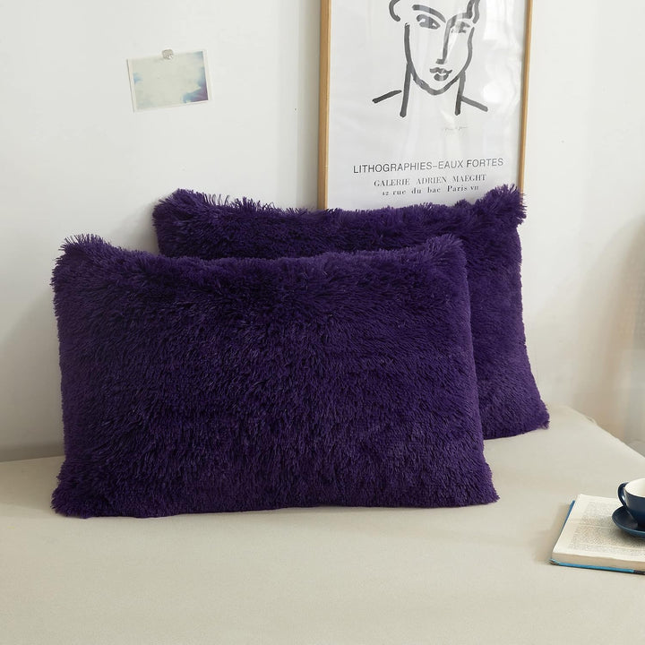 Purple shaggy faux fur standard pillowcase set, view 1