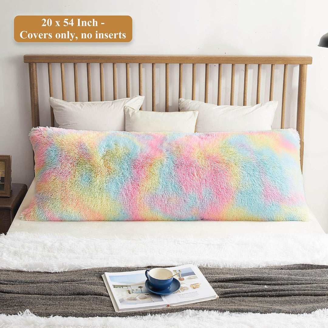 Rainbow shaggy faux fur body pillow cover, view 2