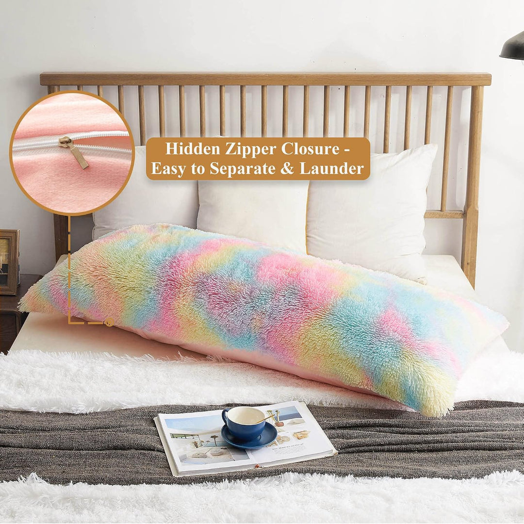 Rainbow shaggy faux fur body pillow cover, view 3