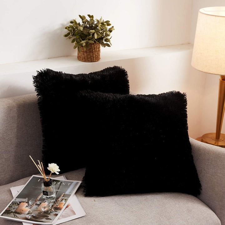 Black shaggy faux fur throw pillow cover set, view 1