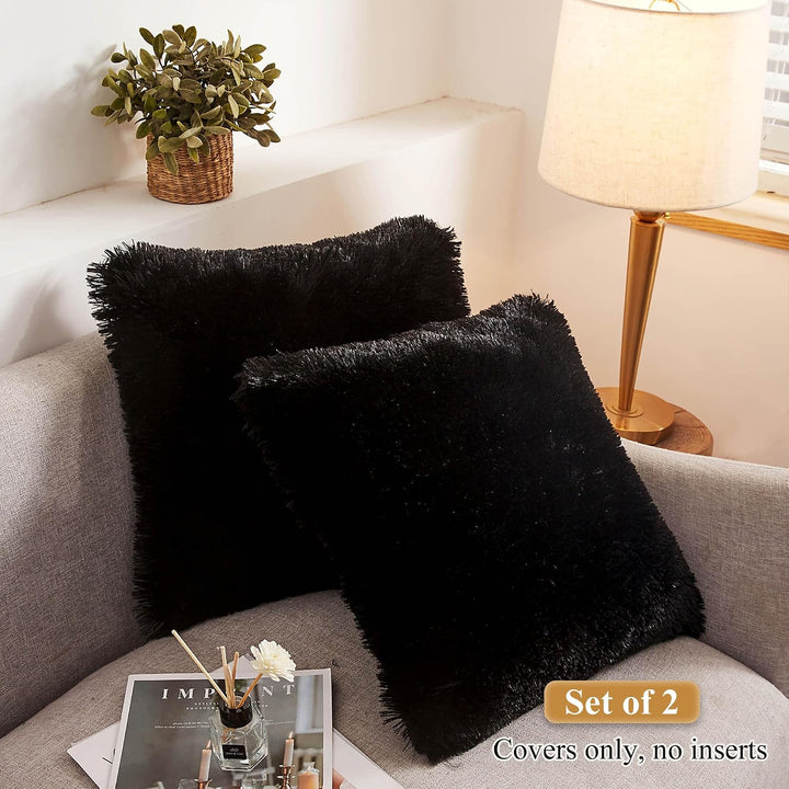 Black shaggy faux fur throw pillow cover set, view 2