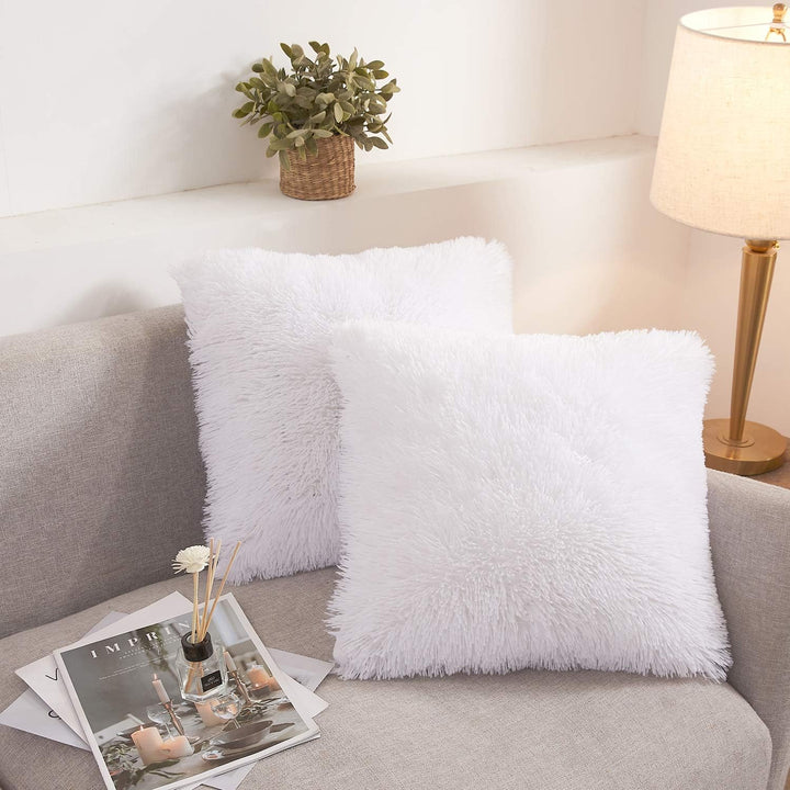 White shaggy faux fur throw pillow cover set, view 1