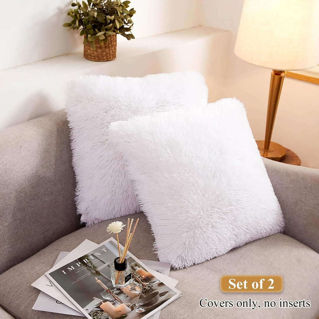 White shaggy faux fur throw pillow cover set, view 2