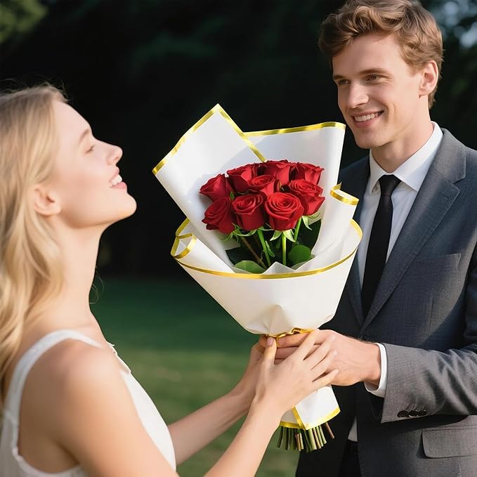 Gold-edge bouquet wrap in a floral gift arrangement