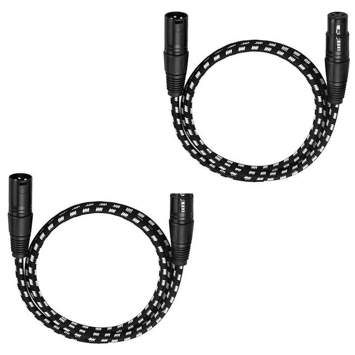 Two black-and-white braided one-foot XLR microphone cables