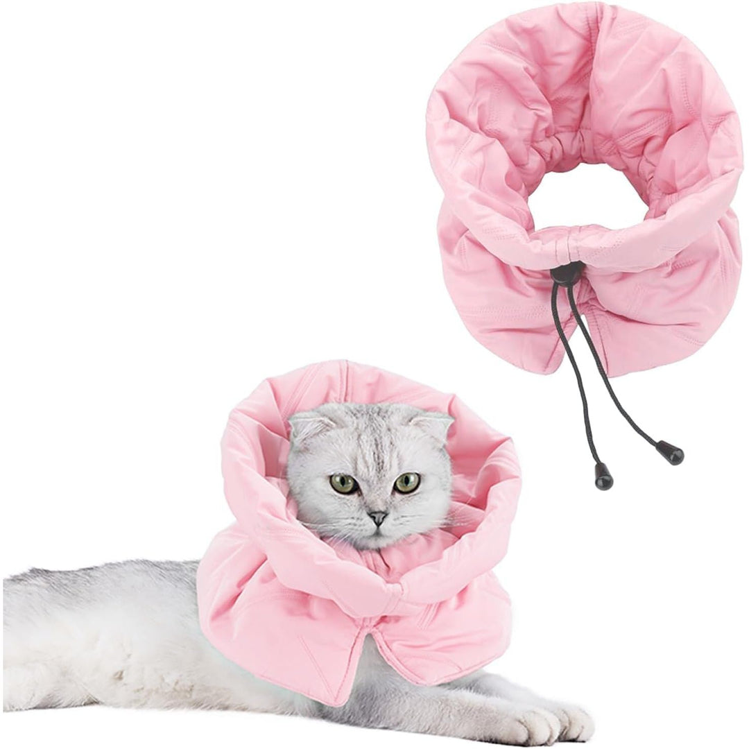 Pink medium soft cat recovery collar and cat wearing it