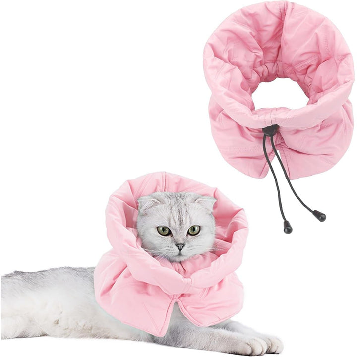 Pink medium soft cat recovery collar and cat wearing it