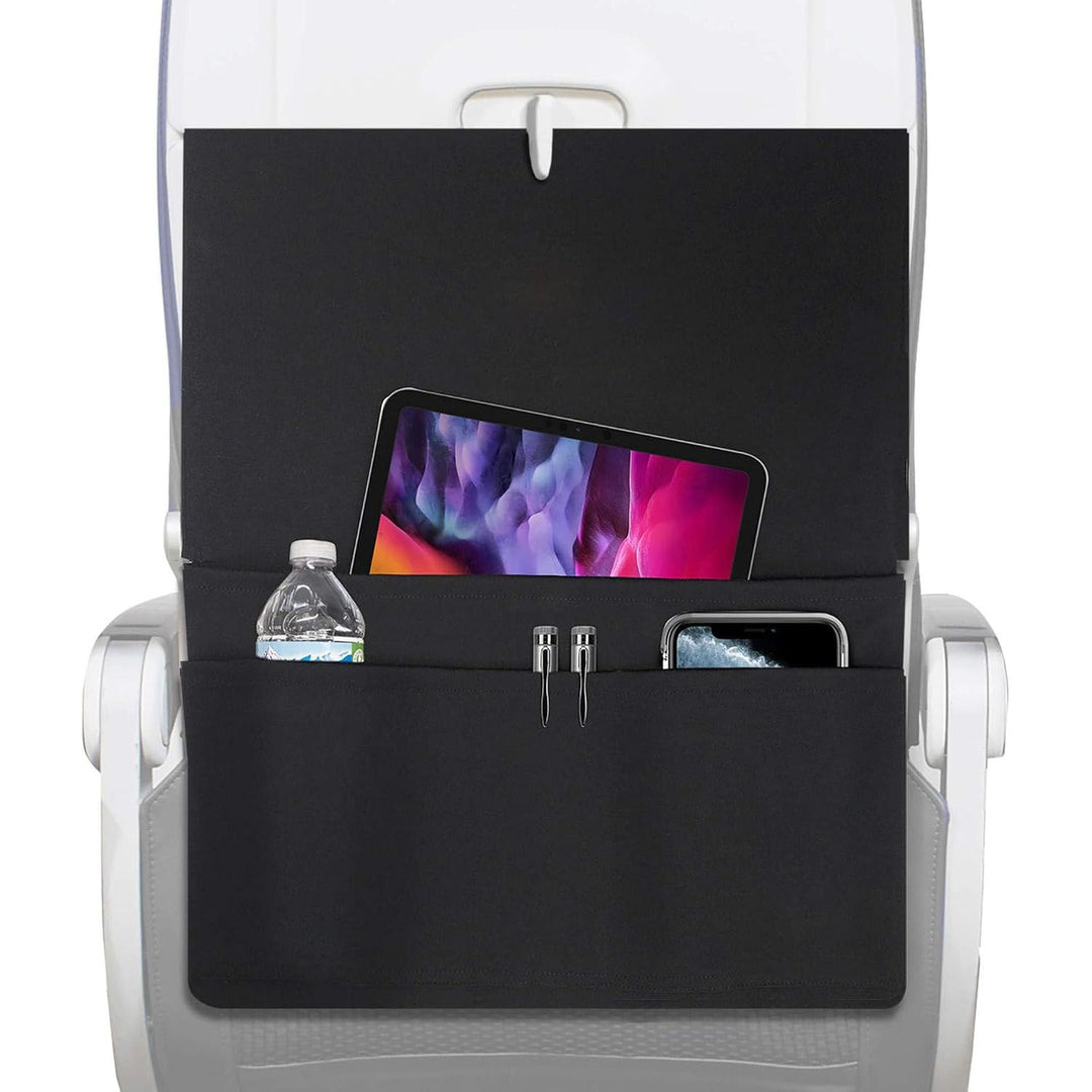 Black airplane tray-table organizer with storage pockets